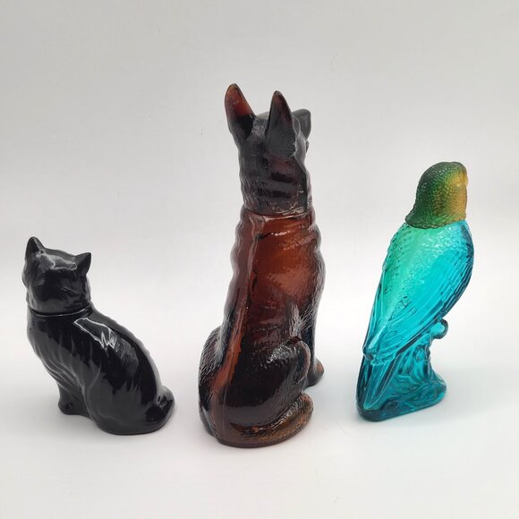 LOT 3 Vintage Avon Animal Bottles Glass Body Plastic Head Dog Cat Parakeet - Picture 3 of 7